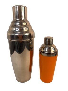 Lot Of Two Martini Shakers: Orange 8.5" & Silver XL 13" Stainless Steel Barware